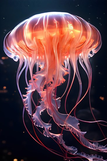 Deep sea jellyfish glowing with bioluminescence intricate patterns illuminating the dark sea, AI