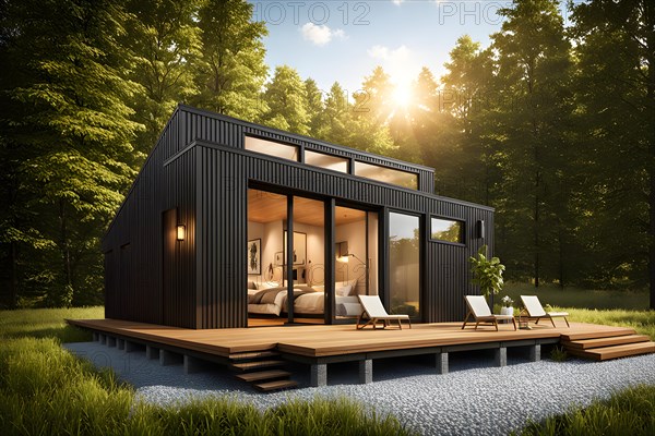 Eco friendly tiny house located centrally embraced by natures tranquility, AI generated