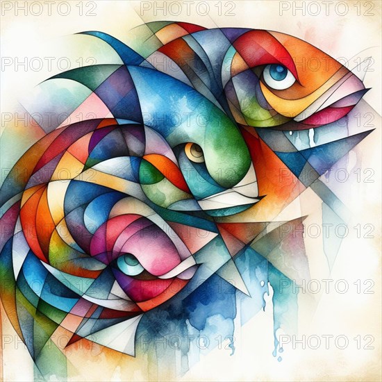 Abstract watercolor art of vibrant geometric fish, square aspect, pisces astrological sign card, AI