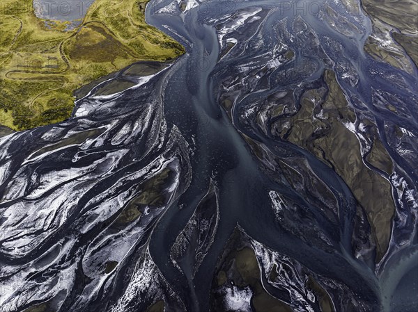 Overgrown river landscape, Eldhraun, near Kirkjubaejarklaustur, drone image, Sudurland, Iceland,
