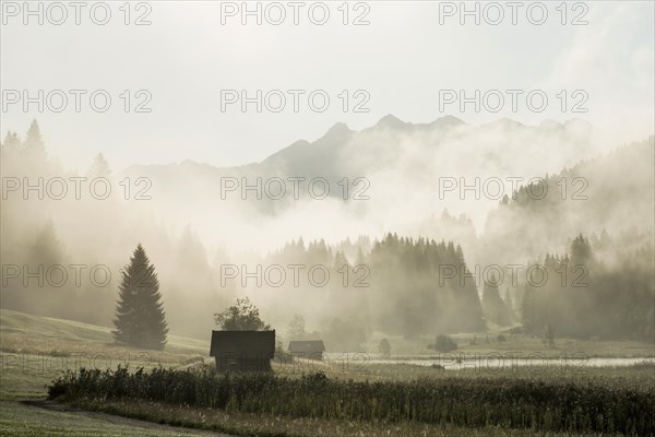 Sunrise and morning fog, Geroldsee or Wagenbruechsee, Kruen near Mittenwald, Werdenfelser Land,