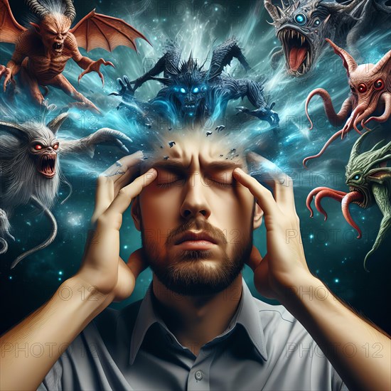 A man has delusions in his head, symbolic image intoxication, narcotic, drug, drug use, fantasies,