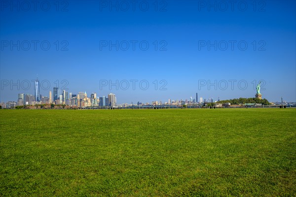 Views on New York Harbor, Manhattan and Statue of Liberty from the Liberty State Park, Jersey City,