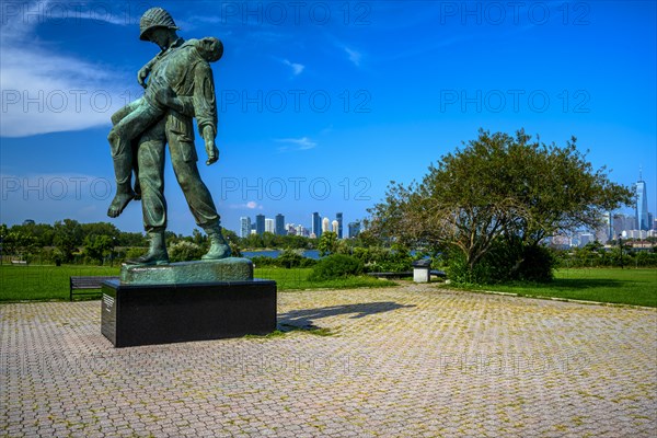 Views on New York Harbor, Manhattan and Statue of Liberty from the Liberty State Park, Jersey City,