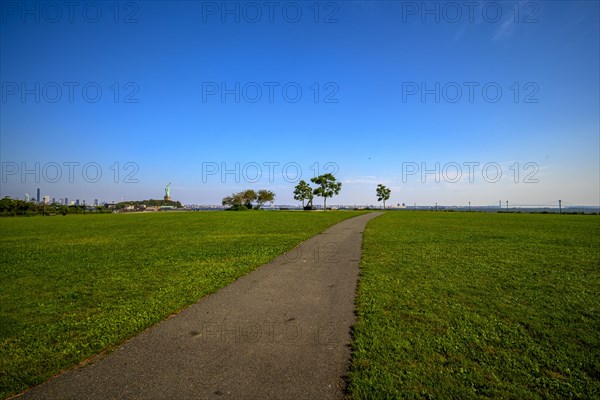 Views on New York Harbor, Manhattan and Statue of Liberty from the Liberty State Park, Jersey City,