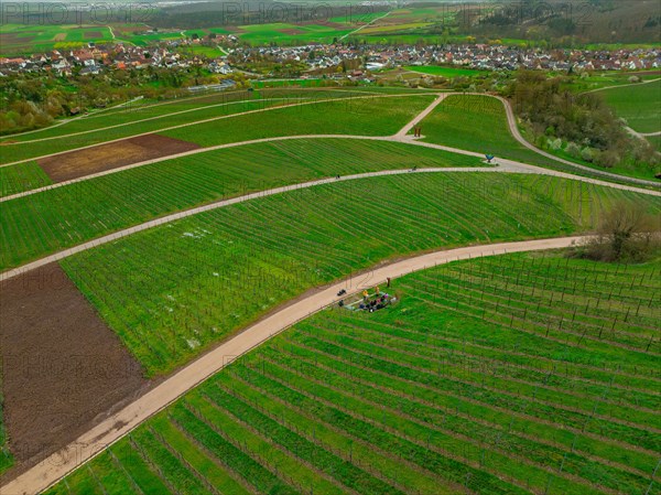 Aerial view of empty paths between green vineyard fields, village in the background, Jesus Grace
