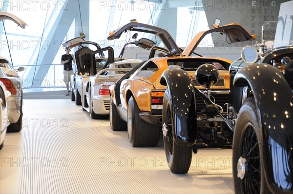 Museum, Mercedes-Benz Museum, Stuttgart, row of Mercedes-Benz sports cars and classic cars with