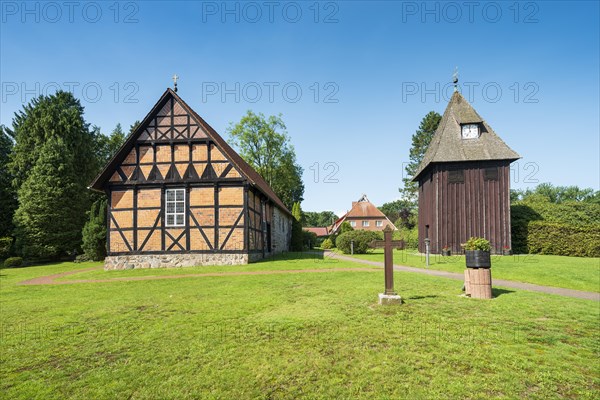 Half-timbered church and free-standing bell tower, Undeloh, Lueneburg Heath, Lower Saxony, Germany,