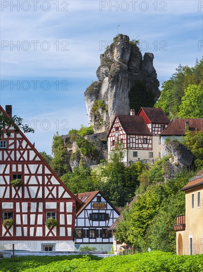 Zechenstein rock formation and half-timbered houses, rock castle and Franconian Switzerland Museum,