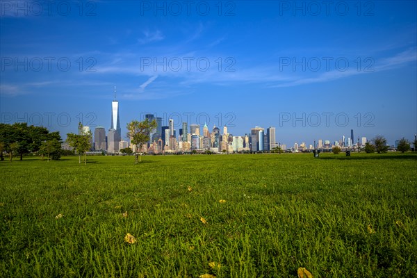 Views on New York Harbor, Manhattan and Statue of Liberty from the Liberty State Park, Jersey City,