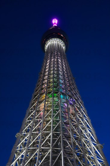634 meters high Tokyo Skytree, broadcasting and observation tower in Sumida illuminated at night in