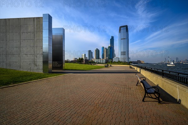 Views on New York Harbor, Manhattan and Statue of Liberty from the Liberty State Park, Jersey City,