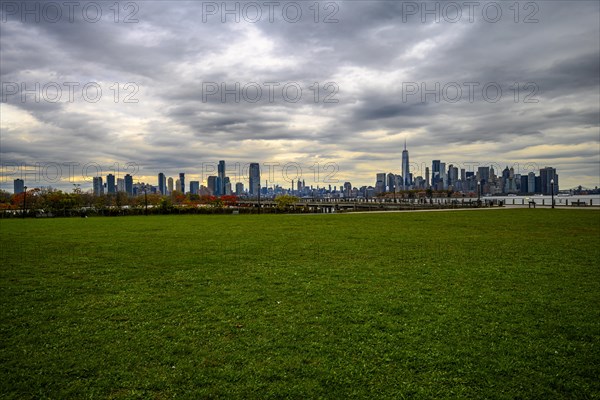 Views on New York Harbor, Manhattan and Statue of Liberty from the Liberty State Park, Jersey City,