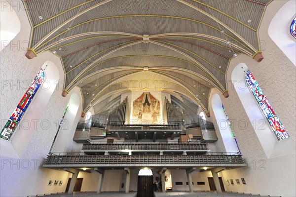 Speyer Cathedral, interior view of a church with a view of the organ, the gallery and the ceiling