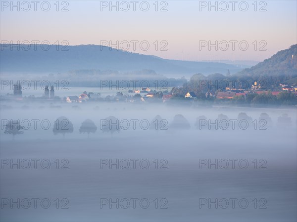 Morning fog in the Bluetengrund, Saale valley near Naumburg (Saale), Saxony-Anhalt, Germany, Europe