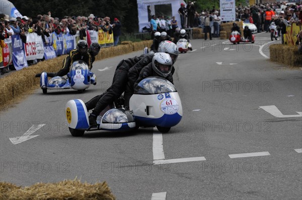 A motorbike with sidecar in a racing event on a closed-off road, SOLITUDE REVIVAL 2011, Stuttgart,