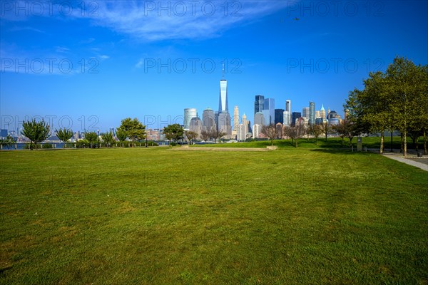 Views on New York Harbor, Manhattan and Statue of Liberty from the Liberty State Park, Jersey City,