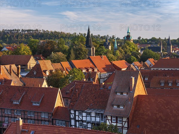 View from the Schlossberg of the roofs of the half-timbered houses and the towers in the historic