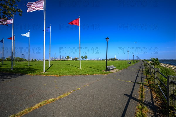 Views on New York Harbor, Manhattan and Statue of Liberty from the Liberty State Park, Jersey City,