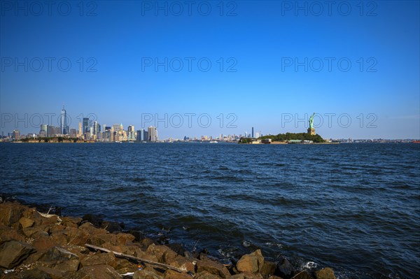 Views on New York Harbor, Manhattan and Statue of Liberty from the Liberty State Park, Jersey City,