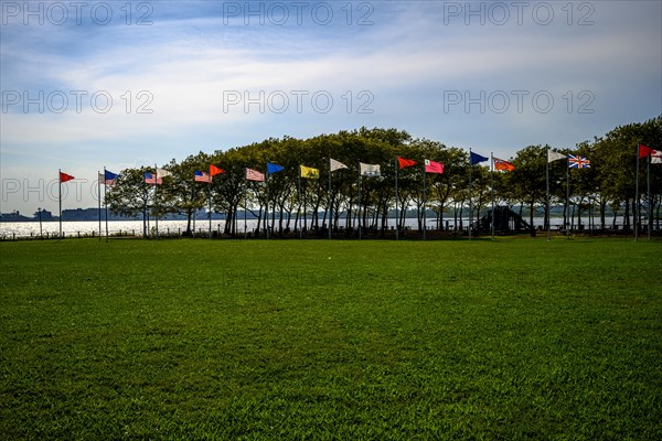 Views on New York Harbor, Manhattan and Statue of Liberty from the Liberty State Park, Jersey City,