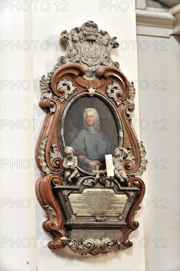 St Stephen's Cathedral, Passau, Baroque memorial plaque with relief portrait framed by sculptural