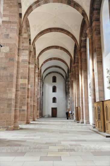 Speyer Cathedral, long nave with stone arches and a patterned tiled floor, Speyer Cathedral, Unesco