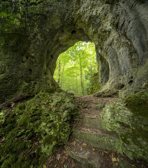 Hiking trail leads through a rock gate, Goessweinstein, Franconian Switzerland, Upper Franconia,