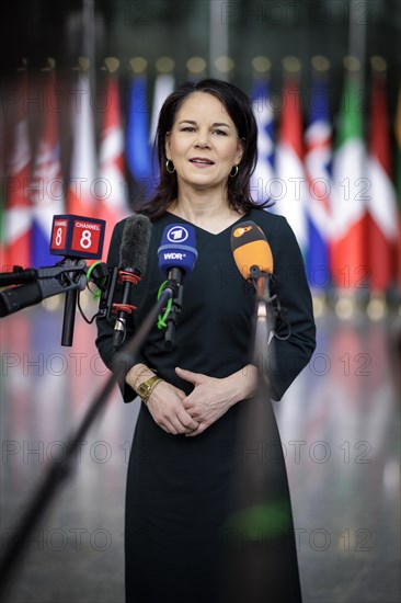 Annalena Baerbock, Federal Foreign Minister, photographed during a doorstep at the meeting of NATO