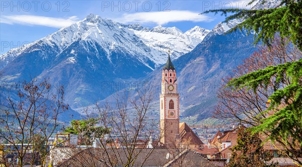 Tower of the parish church with the peak 3006m in the Texel Group in spring, Merano, Val Passiria,