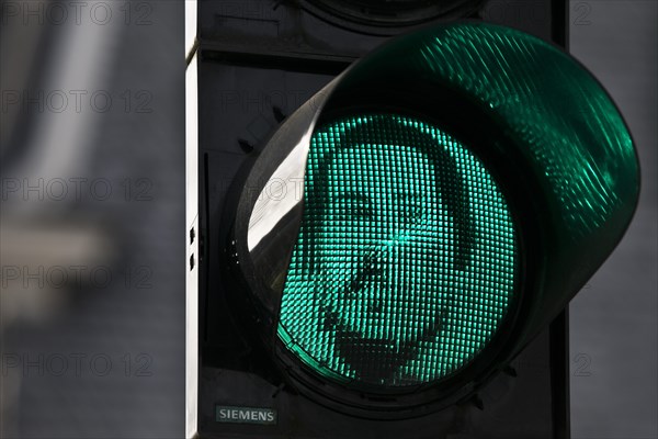 Green Engels traffic light at the Engels House, the birthplace of Friedrich Engels, historic