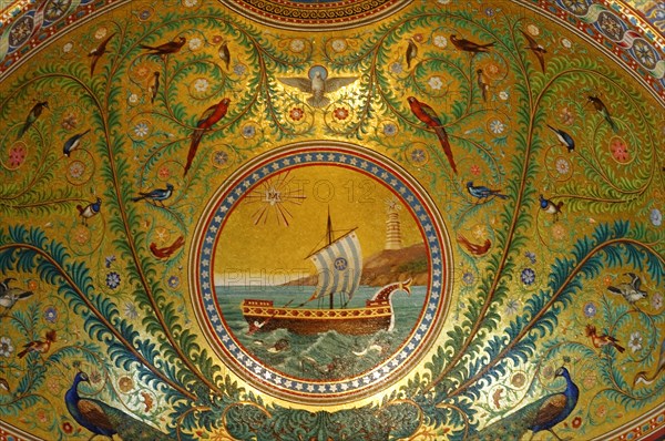 Church of Notre-Dame de la Garde, Marseille, A detailed mosaic with a ship on the sea surrounded by