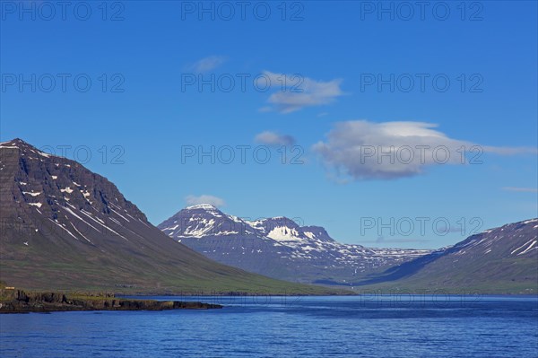 Rugged mountains and steep sea cliffs along the fjord Seyoisfjoerour, Seydisfjoerdur in summer,