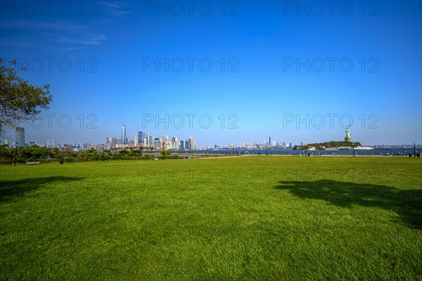 Views on New York Harbor, Manhattan and Statue of Liberty from the Liberty State Park, Jersey City,