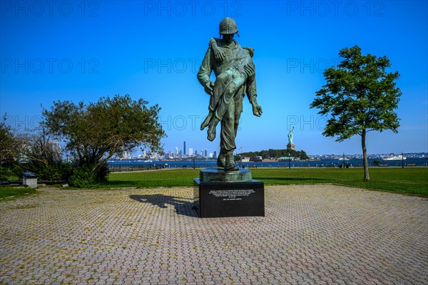 Views on New York Harbor, Manhattan and Statue of Liberty from the Liberty State Park, Jersey City,