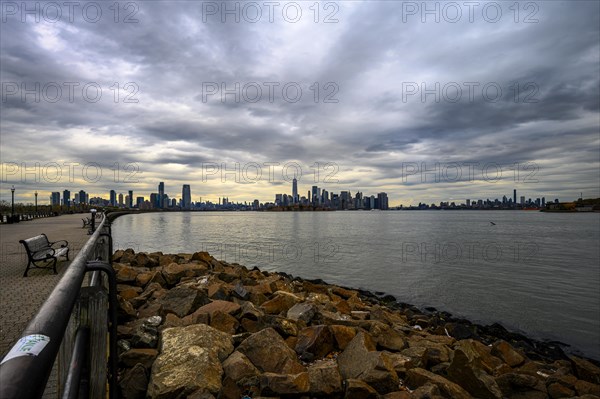 Views on New York Harbor, Manhattan and Statue of Liberty from the Liberty State Park, Jersey City,