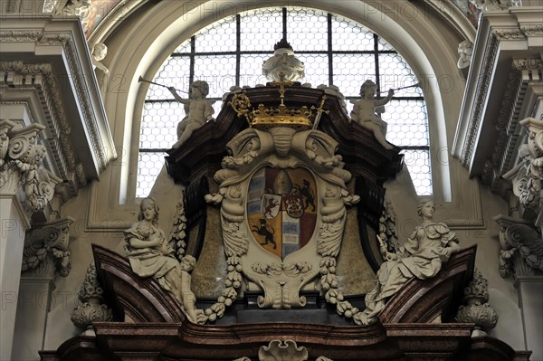 St Stephen's Cathedral, Passau, Baroque sculpture gallery with coats of arms and angels on a