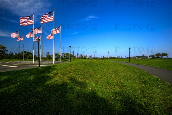 Views on New York Harbor, Manhattan and Statue of Liberty from the Liberty State Park, Jersey City,