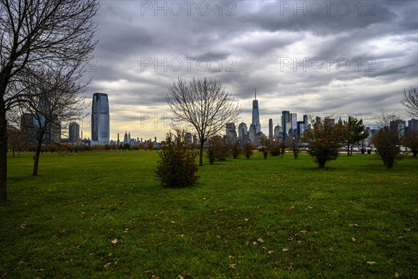 Views on New York Harbor, Manhattan and Statue of Liberty from the Liberty State Park, Jersey City,