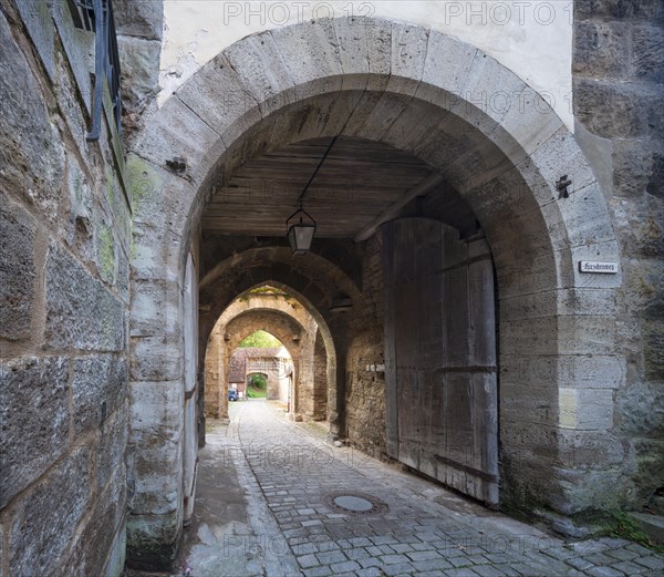 View through the Kobolzell Gate, Rothenburg ob der Tauber, Middle Franconia, Bavaria, Germany,