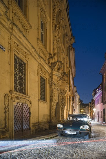 Stadtpalais Boettingerhaus and vintage Citroen DS at dusk, Bamberg, Upper Franconia, Bavaria,