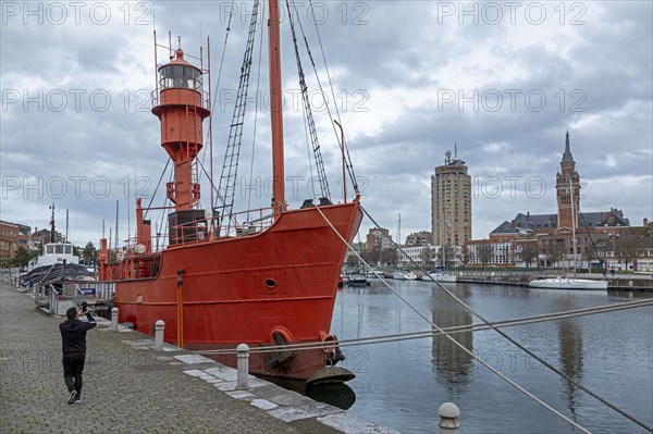 Lightship, boats, marina, skyscraper, houses, tower of the Hotel de Ville, town hall, Dunkirk,