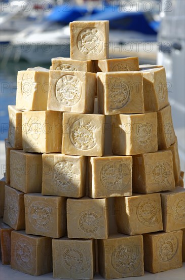 Marseille soap, Marseille, Stacked blocks of traditional Marseille soap at a market, Marseille,