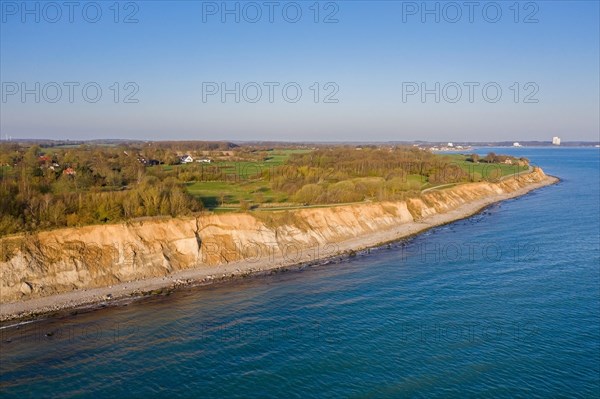 Aerial view over beach and Brodtener Ufer, Brodten Steilufer, cliff in the Bay of Luebeck along the