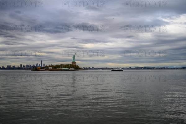 Views on New York Harbor, Manhattan and Statue of Liberty from the Liberty State Park, Jersey City,