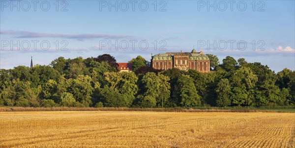 View over stubble field to Burgscheidungen Castle in the evening light, Unstruttal,