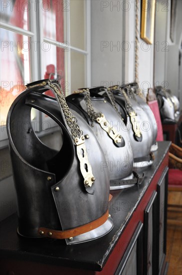 Langenburg Castle, row of decorated metal armour displayed on a windowsill, Langenburg Castle,