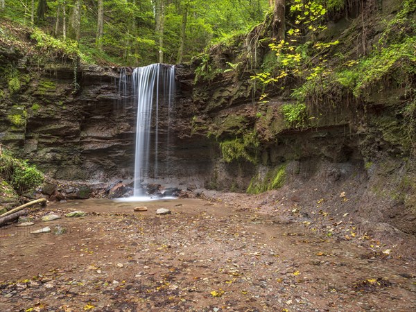 Small waterfall at Hoerschbach, Hoerschbach Valley, Swabian-Franconian Forest nature park Park,