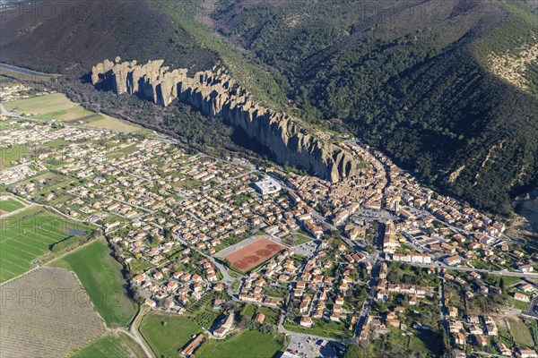 Aerial view of Les Mees, Provence-Alpes-Cote d'Azur Departement, Les Penitents, the penitents, rock