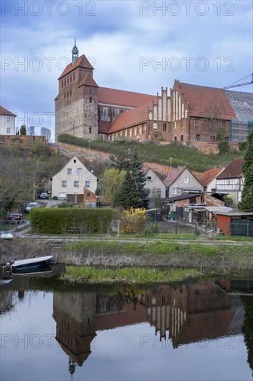 View over the Havel moat to Havelberg with St. Mary's Cathedral, Havelberg, Saxony-Anhalt, Germany,